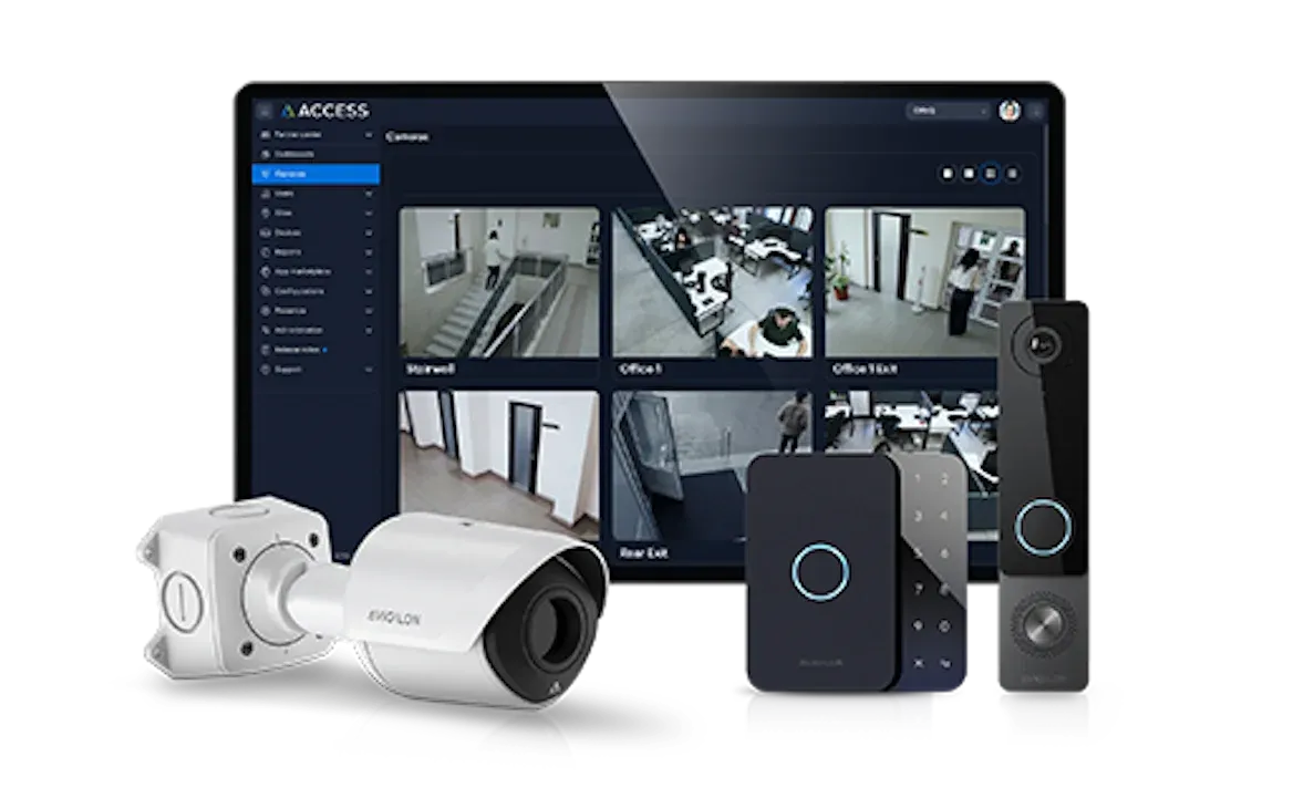 Avigilon Alta Access på skærm, med kamera, kortlæser og dørtelefon
