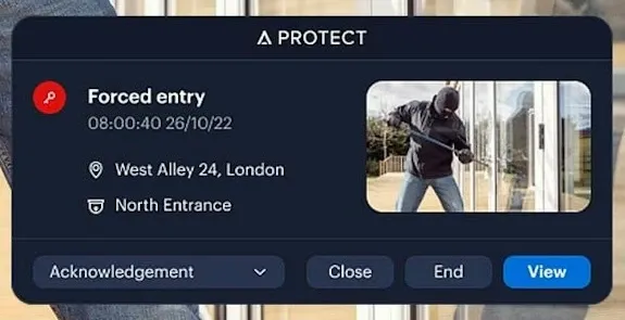 Alarmen «Forced entry» i Alta Protect med billede fra kameraet