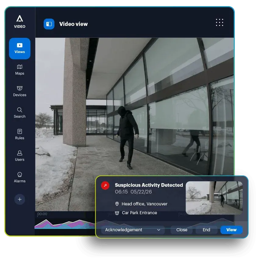 Alta Video giver alarm om mistænkelig aktivitet ved en facade uden for åbningstid