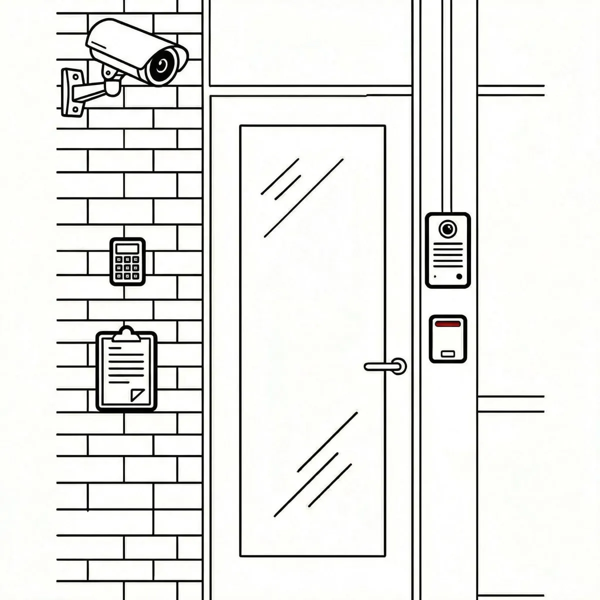 Line drawing of an entrance with a camera, keypad, door intercom and card reader, each separate
